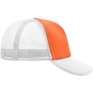 A 5 panel trucker cap featuring an orange front section and a mesh white back. It includes a logo.