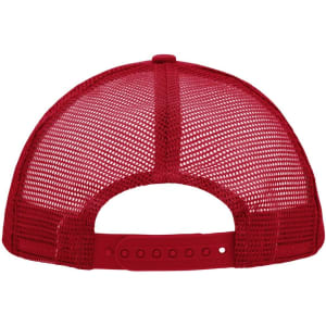 A red 5 panel polyester mesh trucker cap featuring a mesh back and an adjustable strap.
