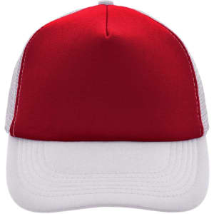 A red and white 5-panel polyester mesh trucker cap, featuring a logo on the front.