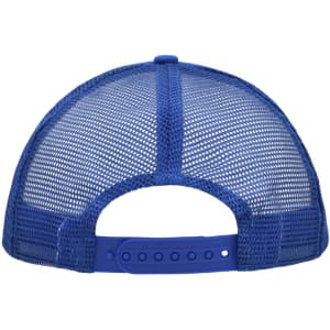 A blue 5 Panel Polyester Mesh Trucker hat featuring a mesh back and adjustable strap. It has a branding logo.
