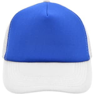 A blue and white five-panel polyester mesh trucker cap with a solid front and mesh sides.