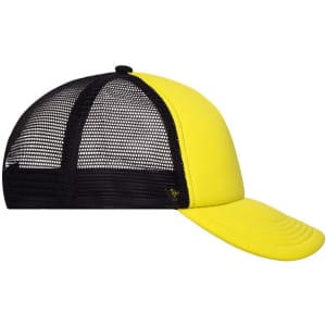 A yellow and black 5 Panel Polyester Mesh Trucker cap with a mesh back and curved peak. Features a logo.