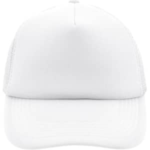 A white 5 Panel Polyester Mesh Trucker cap with a solid front and mesh sides. It features a logo on the front.