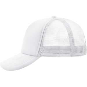 A white 5 panel polyester mesh trucker cap featuring a solid front and mesh sides for ventilation. It has a branded logo.