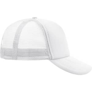 A white 5-panel polyester mesh trucker hat with a solid front and mesh back, featuring a logo.