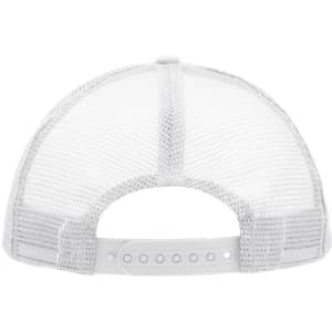 A white 5-panel mesh trucker cap featuring a plastic snapback closure and a mesh design for ventilation.