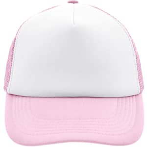 A pink and white 5 Panel Polyester Mesh Trucker cap with a logo on the front.
