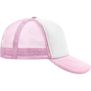 A pink and white 5 panel polyester mesh trucker hat with a curved brim and a mesh back, featuring a logo.