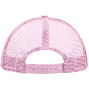 A pink 5 Panel Polyester Mesh Trucker cap with a mesh back and adjustable snap closure. It features a logo.