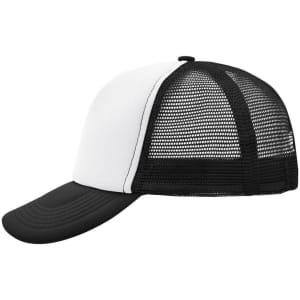 A black and white 5 panel polyester mesh trucker cap featuring a solid front and mesh back, with a curved brim and a logo.