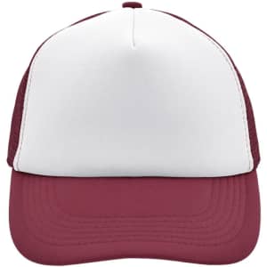 A maroon and white 5 panel polyester mesh trucker cap with a curved brim and a logo on the front.