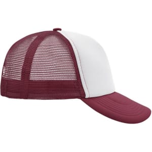 A maroon and white 5 Panel Polyester Mesh Trucker cap with a mesh back and a solid front panel.