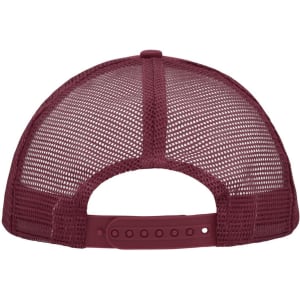 A maroon 5 panel polyester mesh trucker cap with a snapback adjustment at the rear and a logo.