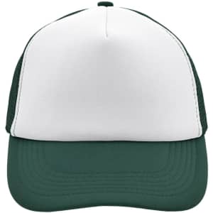 A green and white 5 Panel Polyester Mesh Trucker hat featuring a logo on the front.