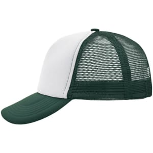 A green and white 5 Panel Polyester Mesh Trucker cap featuring a mesh back and a solid front panel.