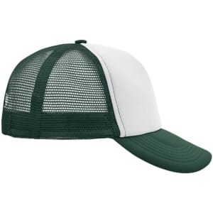 A green and white 5 Panel Polyester Mesh Trucker cap featuring a mesh back and a solid visor.