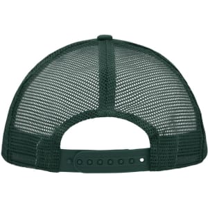 A dark green 5 Panel Polyester Mesh Trucker hat featuring a mesh back and an adjustable strap.