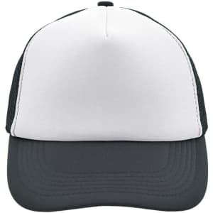 A 5-panel trucker cap featuring a white front and a grey mesh back, with stitching on the visor and a logo.