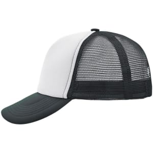 A black and white 5-panel polyester mesh trucker cap with a curved brim and mesh back. It features a logo.