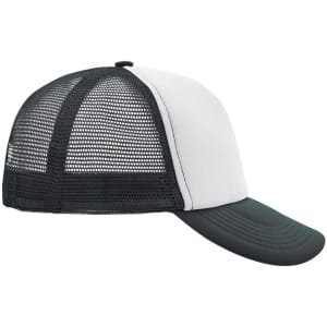 A black and white 5 Panel Polyester Mesh Trucker cap, featuring a mesh back and a solid front panel.