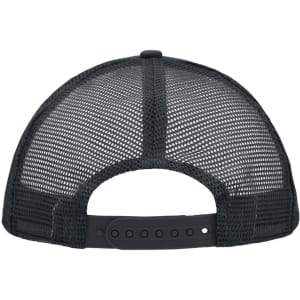 A black 5-panel polyester mesh trucker cap with a snapback closure and a logo on the back.