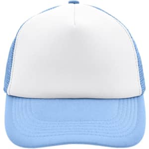 A 5 panel trucker cap featuring a white front and light blue mesh sides and brim, with a logo present.