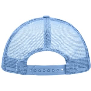 A light blue 5 panel polyester mesh trucker cap with a plastic adjustable strap at the back.