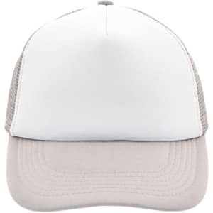 A grey and white 5 Panel Polyester Mesh Trucker cap with a solid front and mesh sides. It features a logo on the front.