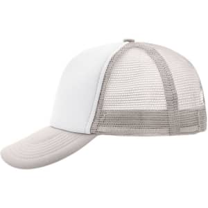 A grey and white 5 Panel Polyester Mesh Trucker cap with a mesh back and a curved visor. It features a logo.