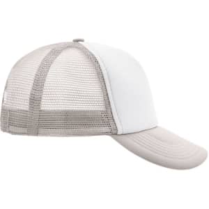 A 5-panel polyester mesh trucker cap in white and light grey, featuring a structured front and mesh back.