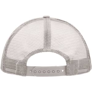A grey 5 Panel Polyester Mesh Trucker cap with a mesh design and an adjustable strap at the back.