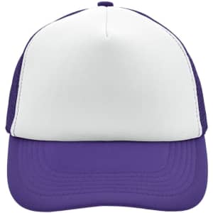 A purple and white 5 panel polyester mesh trucker cap with a solid front panel and a curved brim.