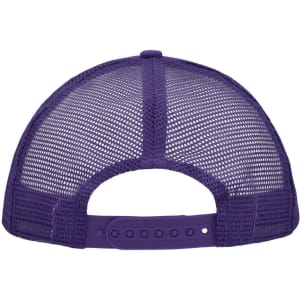 A purple 5-panel polyester mesh trucker cap featuring a plastic snapback closure and a mesh design at the back.
