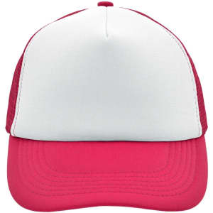 A red and white 5-panel polyester mesh trucker cap with a blank front and mesh sides. It features a logo.