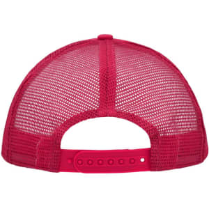 A bright pink 5 panel polyester mesh trucker cap featuring a mesh back and an adjustable strap.