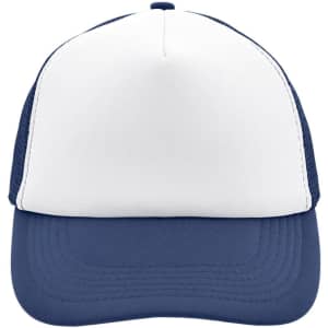 A 5-panel trucker cap in white and navy blue, featuring a mesh back and a logo on the front panel.