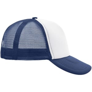 A blue and white 5 panel polyester mesh trucker cap with a curved brim and a mesh back.