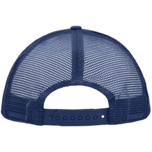 A navy blue 5 Panel Polyester Mesh Trucker hat featuring a mesh back and an adjustable strap.
