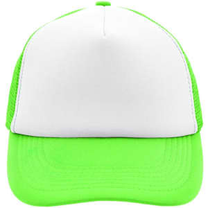 A green and white 5 Panel Polyester Mesh Trucker cap with a logo on the front.