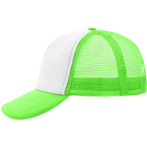 A green and white 5 Panel Polyester Mesh Trucker cap with a mesh back and a curved brim.