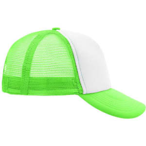 A green and white 5 panel polyester mesh trucker cap with a curved brim and a mesh back.