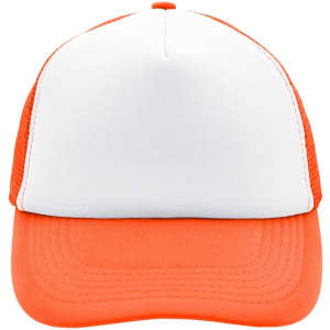 A 5-panel trucker cap featuring an orange bill and mesh sides, with a white front panel and a logo.
