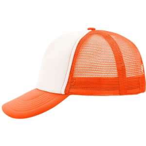A 5-panel trucker cap featuring orange and white panels with a mesh back and curved brim.