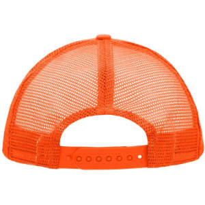 An orange 5 Panel Polyester Mesh Trucker cap featuring a mesh back and an adjustable strap.