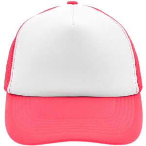 A 5 Panel Polyester Mesh Trucker cap in white and bright pink, featuring a branding logo on the front.