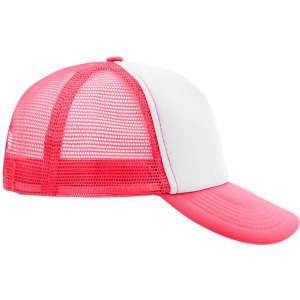 A pink and white 5-panel polyester mesh trucker cap with a curved brim and mesh sides. It features a logo.