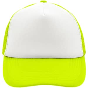 A bright yellow and white 5 Panel Polyester Mesh Trucker cap with a structured front and mesh sides.
