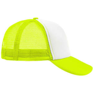A bright green and white 5 Panel Polyester Mesh Trucker cap with a curved peak and mesh sides, featuring a logo.
