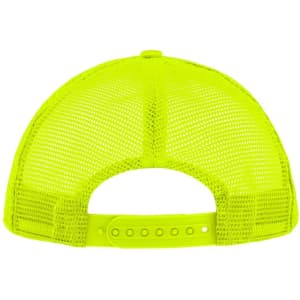 A bright neon yellow 5 panel polyester mesh trucker hat with adjustable snapback closure and a branding logo.