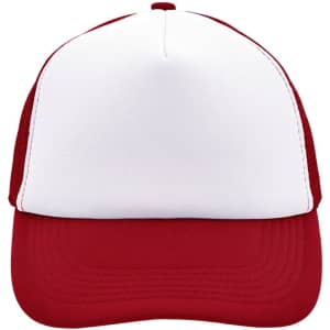 A red and white 5 Panel Polyester Mesh Trucker cap with a logo on the front.